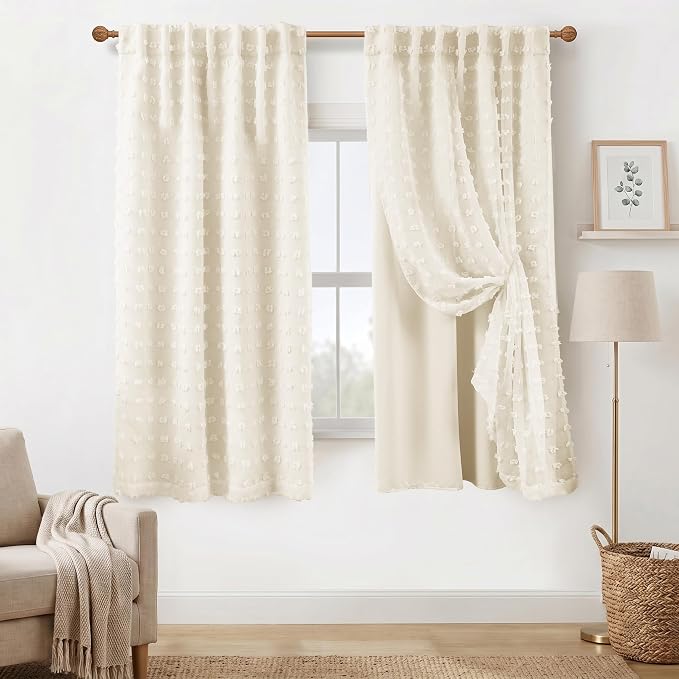 Lino Rosa Back Tab Pom Pom Cream Curtains for Girls Room Bedroom Nursery Short Blackout Curtains Double Layer 63 Inch Length