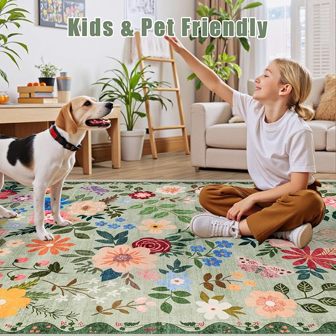 Runner Rug for Entryway: 2.6x10 Kitchen Rugs Non Slip Washable Ultra-Thin Soft Floral Carpet Indoor Floor Stain Resistant Carpets for Hallway Bedroom Kitchen Laundry Bathroom Dorm Green