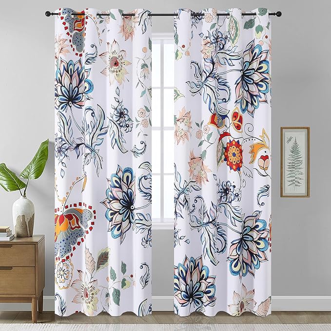 Estelar Textiler Blue Vintage Floral Blackout Curtain for Living Room 102 inches Long 2 Panels,Thermal Insulated Spring Flower Modern Printed Bedroom Curtains with Grommet,52x102 Inches