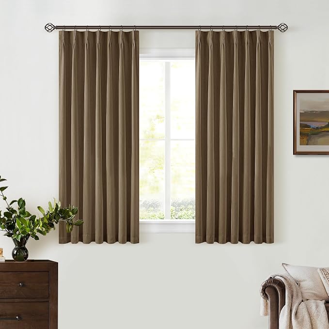 Dutch Cocoa Linen Blackout Curtains 45 Inch Length 2 Panels Pinch Pleated Back Tab Short Curtains for Kitchen with 100% Blackout Liner Rustic Farmhouse Drapes for Basement Thermal Insulated Drape