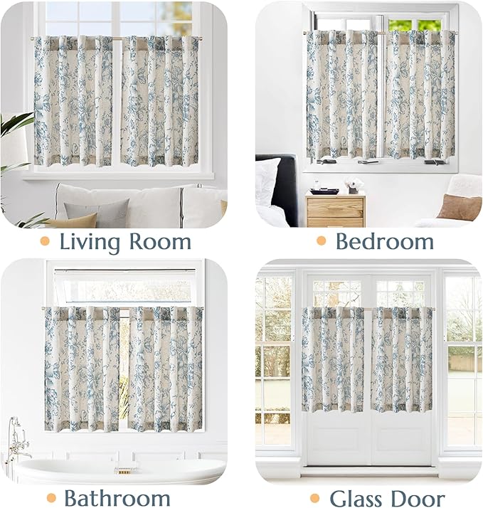 jinchan Linen Floral Tier Curtains 24 Inch Farmhouse Botanic Cafe Curtains Light Filtering Drapes for Small Windows Back Tab Half Window for Kitchen Living Room Bathroom 2 Panels Blue