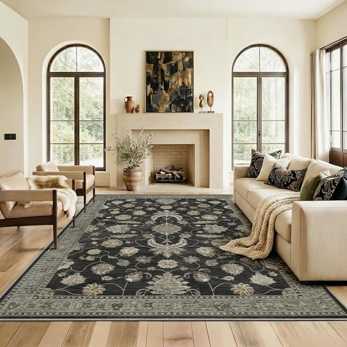 5x7 Area Rug for Living Room-Vintage Farmhouse Boho Floral Washable Stain Resistant Indoor Carpet for Bedroom Office and Home Decor(Black&Gold)