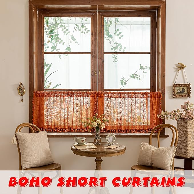 Sutuo Home Terracotta Boho Short Curtains for Kitchen Window Curtains Over Sink, Burnt Orange Crochet Privacy Farmhouse Lace Sheer Vintage Tassels Retro Halloween Rod Pocket,2 Panels 50" W x 18" L