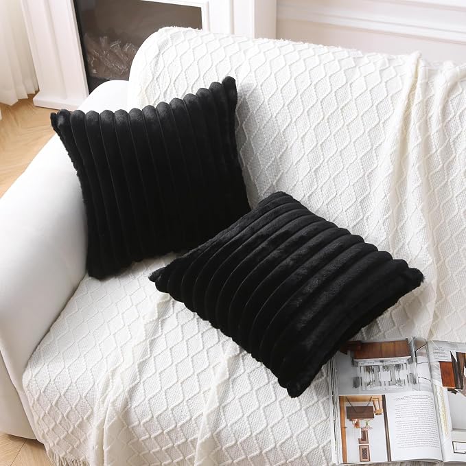 Decorative Throw Pillow with Inserts, Set of 2 Soft Faux Fur Throw Pillows, Square Boho Striped Pillow for Couch, Bed, Sofa Decor(Black, 18" x 18")