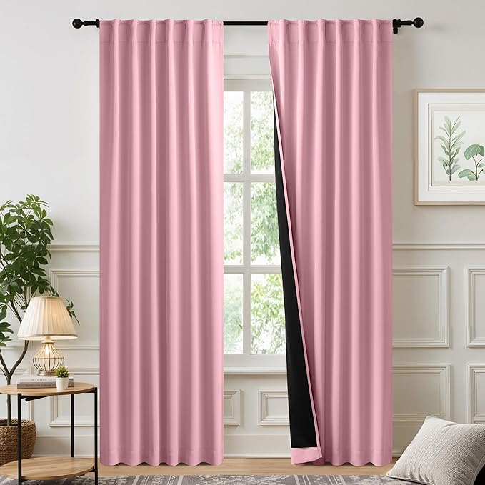 NICETOWN Crystal Pink Double Layered 100% Blackout Curtains, 2 Panels 52 x 84 Inches, Thermal Insulated Drapes with Rod Pocket Back Tab Window Treatments for Bedroom, Girl's Room