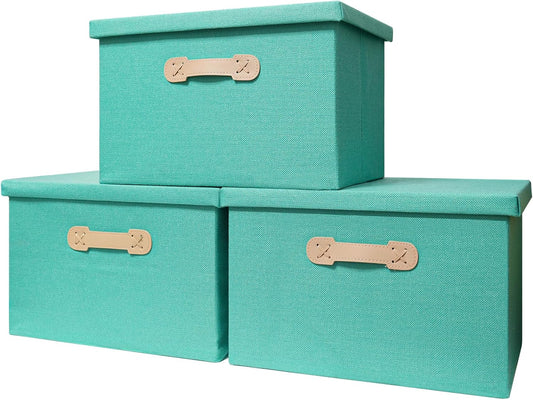 Enzk&Unity Decorative Storage Bins with Lids, Fabric Linen Foldable Storage Box with Handle Home Organizer for Shelf, Closet, Bedroom, Living Room, Office, 3 Packs, Teal