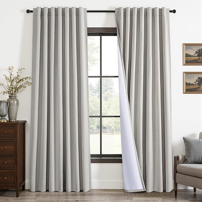 Topfinel Greige Back Tab Blackout Linen Curtains for Bedroom, Thermal Insulated Room Darkening Drapery 84 Inch Length 2 Panels Set, Grandmillennial Boho Sliding Glass Doors Drapes 52" W*84" L