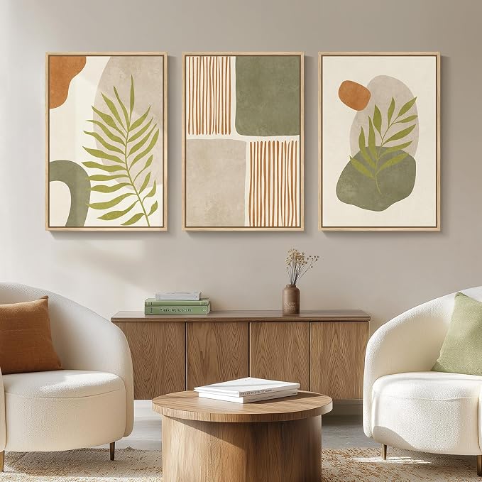 Framed Sage Green Boho Abstract Wall Art for Living Room, 3 Piece Orange Terracotta Tropical Botanical Canvas Artwork for Walls, Minimalist Geometric Prints Dining Room Hallway Wall Decor, 20x30 In