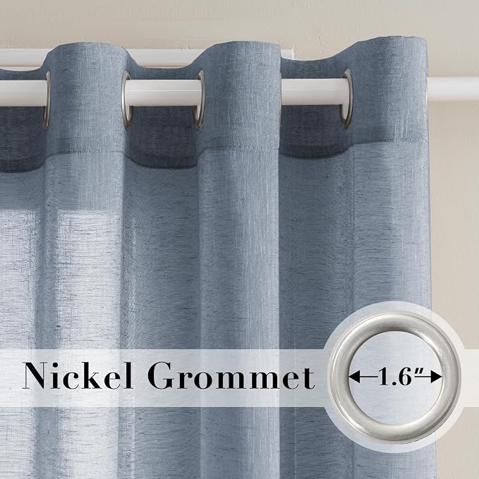 H.VERSAILTEX Linen Curtains Flax Linen Blended Curtain Panels for Living Room/Bedroom Semi Sheer Privacy Curtains 102 inch Length 2 Panels Set Nickel Grommet Window Drapes, Denim