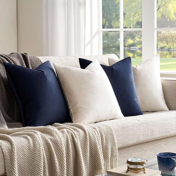 GIGIZAZA Decorative Velvet Pillow Covers - 16x16 Throw Pillows Soft Navy Blue Beige Covers Accent for Couch Living Room Bed Square Modern Luxury Cushion Covers Home Decor Set of 4