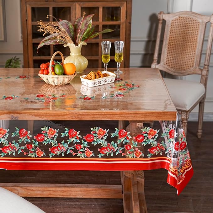 ARTABLE Clear Table Cloth Protector Vinyl PVC Rectangle with Floral Print Pattern Oil Proof Wipe-able Plastic Tablecloths for Dining Tables Parties Holidays (Pomegranate, 84" x 60" (Rectangular))