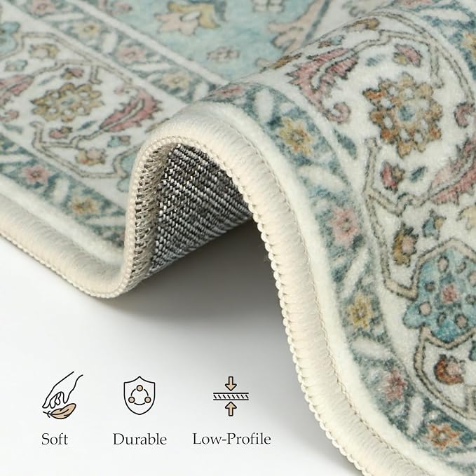 GENIMO Runner Rug 2x5 Non Slip Machine Washable Hallway Runner Rug, Low Pile Lightweight Rugs for Entryway, Hallway, Kitchen and Corridor, Vintage White/Teal