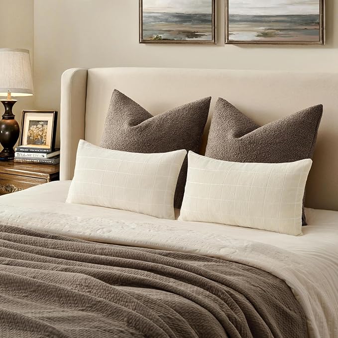 MIULEE Cream Plaid Decorative Throw Pillow Covers 12x20 Set of 2 | Vintage Check Chenille Couch Pillows Neutral Boho Farmhouse Cushion Covers Modern Home Decor for Sofa Bed Living Room