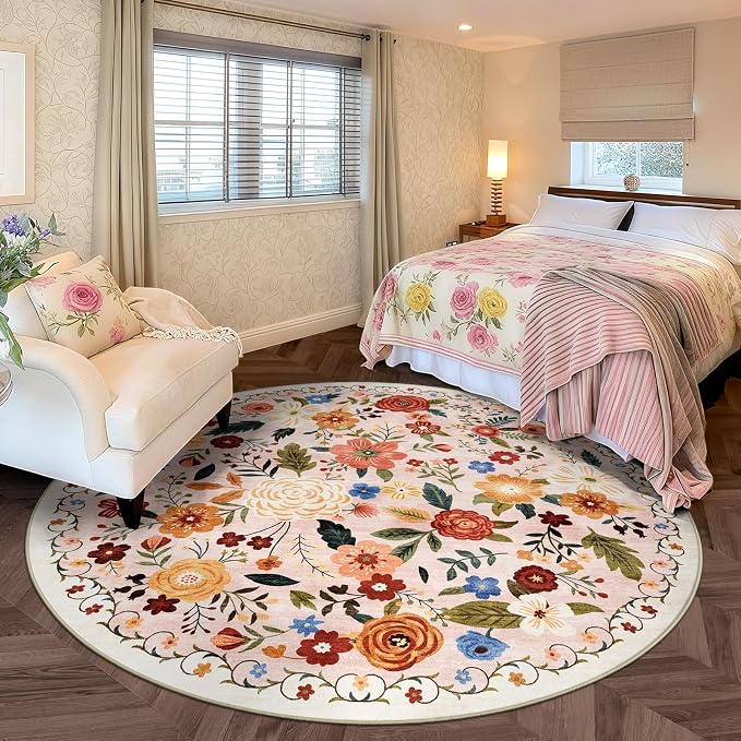 6ft Round Machine Washable Area Rug for Living Room, Beige Pink Vintage Boho Floral Rug Non-Slip Low Pile Soft Faux Wool Carpet Kids and Pets Friendly for Bedroom Nursery Farmhouse Home Decor Rug