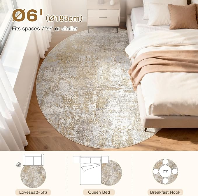 Tortania Washable 6' Round Area Rug for Living Room: Modern Abstract Neutral Large So' Thin Rugs - Non Slip Indoor Carpet for Bedroom Dining Room Office Nursery Home Floor Decoration - Brown Grey