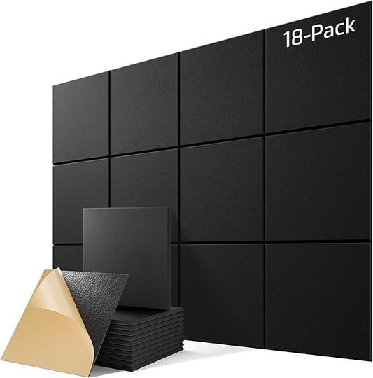 18 Pack Acoustic Panels for Walls, 12" x 12" x 0.4" High Density Self-Adhesive Soundproof Wall Panels, Sound Absorbing Foam Panels for Home & Office Studio (Black)