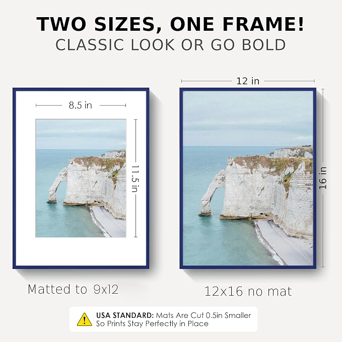 12x16 Picture Frame for 9x12 Photo, Minimalist Aluminum Frame, Navy Blue | Sleek Metal Frame for Wall, Desk & Gift | Shatterproof Glass & Hardware