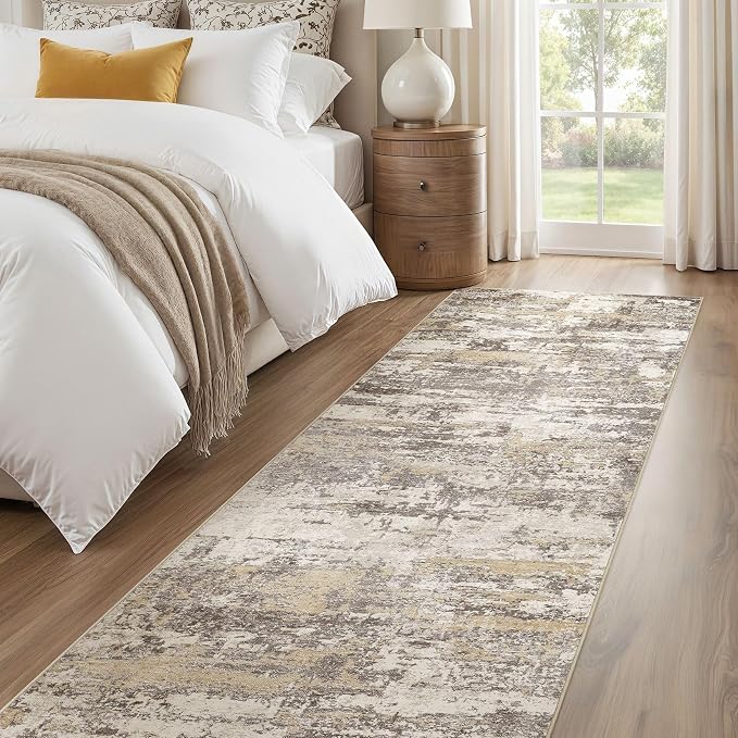 Hallway Washable Runner Rug: 3x10 Abstract Modern Soft Stain Resistant Non-Slip Backing Runner for for Entryway Kitchen Laundry - Gold Brown