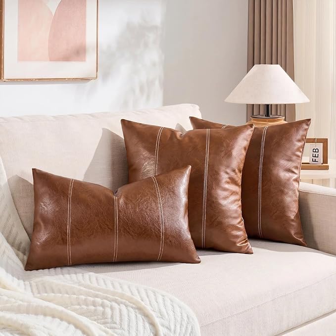 Fancy Homi Brown Boho Long Square Faux Leather Decorative Throw Pillow Covers 26x26 Inch for Living Room Couch Bed Sofa, Hand Stitched Cushion Case, Rustic Modern Farmhouse Home Decor