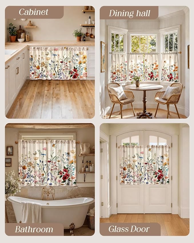 Miss Adola Floral Kitchen Tier Curtains - 36 Inch Length Linen Blend Farmhouse Cafe Curtains Vintage Small Window Treatments Over Sink Rod Pocket for Bathroom Living Room Light Filtering, 2 Panels