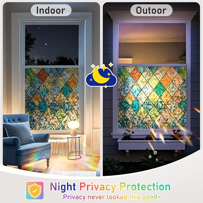 Sunbaby Window Privacy Film Stained Glass Decorative Rainbow Window Cling 3D Static Clings Colorful for Home Decoration, Anti-UV & Heat Control Non-Adhesive (35.4"x78.7")