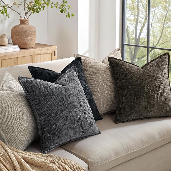 decorUhome Chenille Throw Pillow Covers 26x26 Set of 2, Thick Textured Slubby Neutral Decorative Pillow Covers with Elegant Design for Couch, Sofa, Living Room, Dark Grey