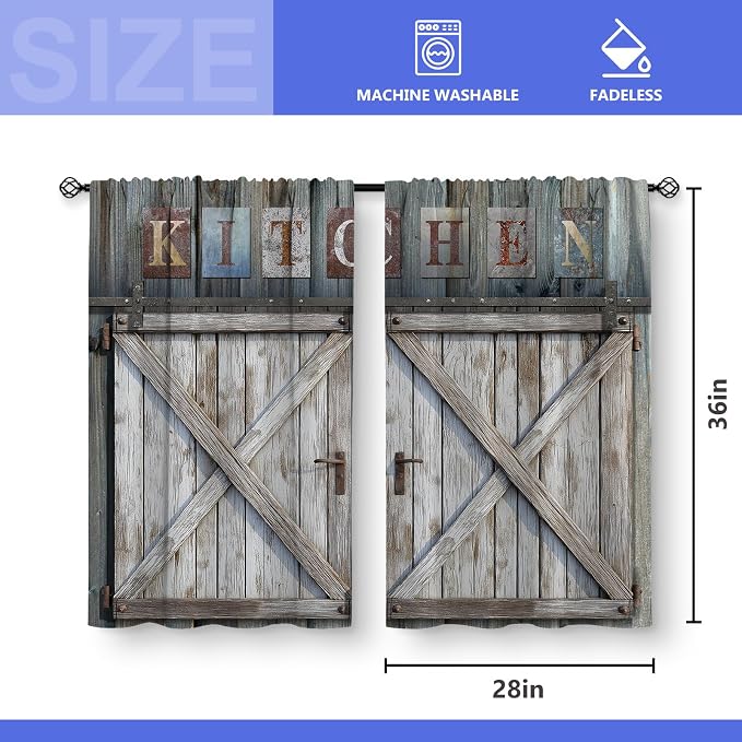 Aimego Wood Farmhouse Kitchen Curtains - Country Vintage Wooden Barn Door Small Short Tier Window Curtains for Living Dining Room Decor Rod Pocket Window Drapes 36 Inch Length Set 28"x36"