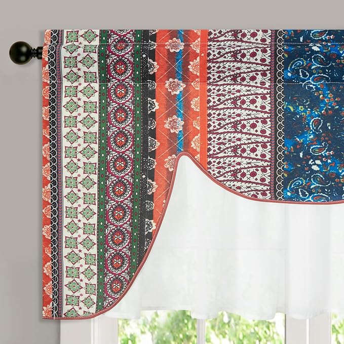 VOGOL Boho Semi Blackout Layered Kitchen Valances, Colorful Striped Print with Sheer Overlay, 1 Panel Rod Pocket Valance for Farmhouse, 52 x 18 Inches
