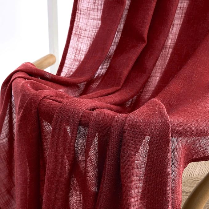 MIULEE Burgundy Red Kitchen Curtains 36 Inch Length 2 Panels, Soft Thick Linen Textured Semi Sheer Light Filtering Short Cafe Tier Curtains for Small Half Window Back Tab Rod Pocket Christmas Decor