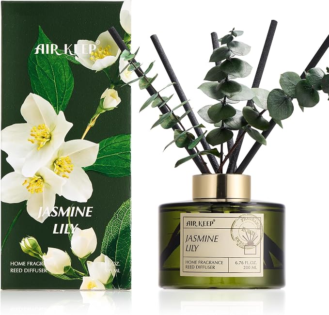 Airkeep Reed Diffuser Set with 6.76 fl oz Jasmine Lily Scent Essential Oils and 3 Leaves & 8 Diffuser Sticks,Bathroom Shelf Decor & Air Freshener, House Bedroom Office Decor & Gifts