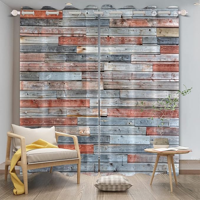 Wooden Curtains Wood Planks Wall Textured Art Print Wooden Window Curtains Grain Cottage Rustic Wooden Barn Door Hardwood Garage Door Living Room Bedroom Window Drapes,21x63 inch,2 Panels