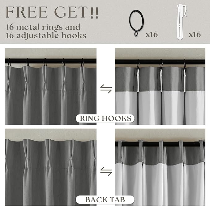 Grey Pinch Pleated Black Out Curtains 63 Inch Long for Living Room Bedroom Insulated Thermal Room Darkening Kitchen Drapes for 63 Inch Window Boho Linen Basement Office Dining Room Pinch Pleat