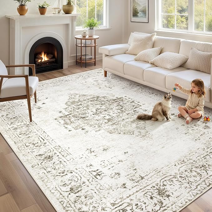 Washable Rugs 5x7 Living Room Rug: Vintage Neutral Area Rugs Soft Non-Slip Indoor Low Pile Carpet for Bedroom Dining Room Nursery Office (Taupe, 5' x 7')