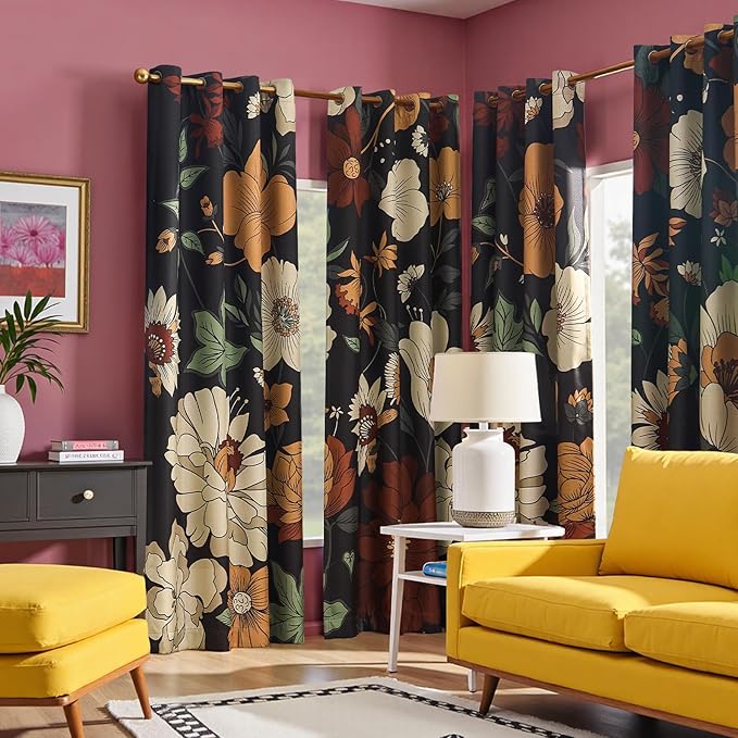 jinchan Lora Floral Curtains for Bedroom Blackout Drapes for Living Room Darkening Fabric Vintage Black Boho Flower Pattern Fall Decor Window Curtains 84 Inches Length 2 Panels with Grommet