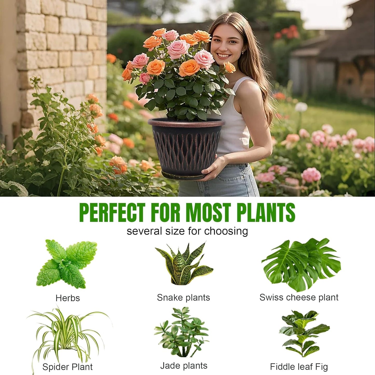 4 Pack 16 Inch Retro Plant Pots, Vintage Striped Flower Pots with Drainage Hole & Saucer, Large Plastic Planters for Indoor and Outdoor Plants, Decorative Garden Pots(Copper)