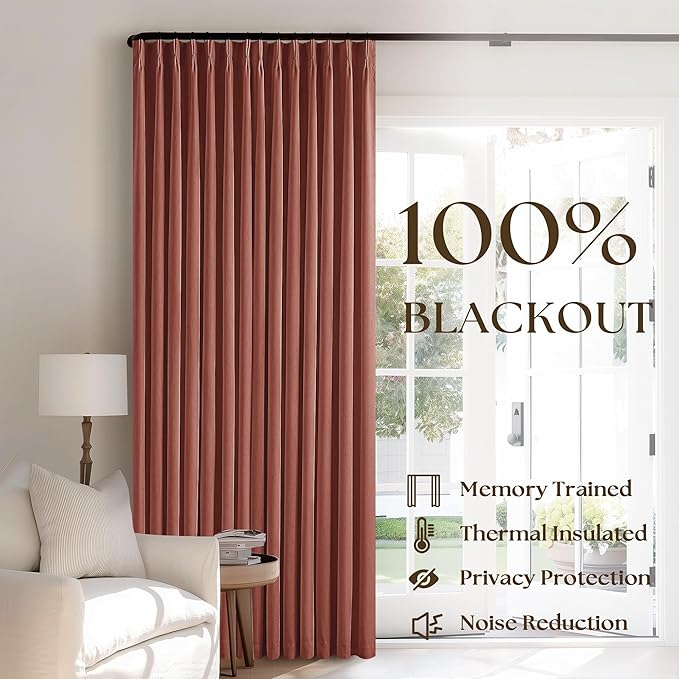 Terracotta Pleated Linen Blackout Curtains 90 Inches Long for Bedroom Living Room Pinch Pleat Black Out Thermal Insulated Ring Hooks Back Tab Room Darkening Drapes Burnt Orange Curtains with Liner