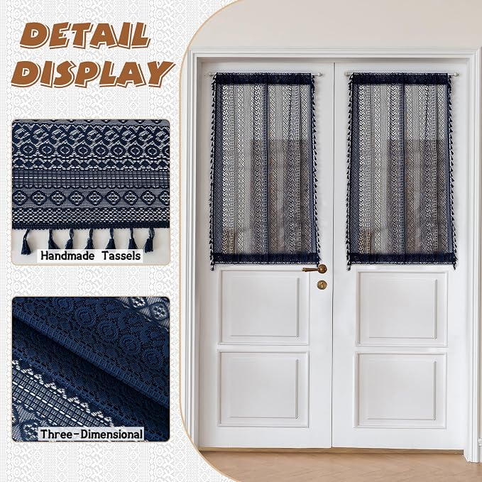 Sutuo Home French Door Curtains Set of 2 for Front Door & Drapery Glass, Boho French Country Style Tassels Vintage Chic Geometric Drapes for Sidelights Patio Decor, Rod Pocket 25" W x 40" L Navy Blue