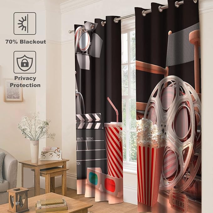 Jekeno Movie Theater Blackout Curtains Movie Theater Decor for Bedroom Living Room Object of Cinema Film Reel Motion Picture Red Black Print Grommet Window Drapes 2 Panel Set, 52"x63"