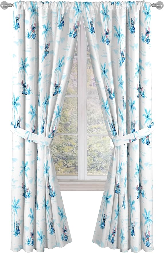 Jay Franco Window Curtains for Kids Bedroom 4-Piece Drape Set with 2 Tiebacks, White - Lilo & Stitch, 42" W x 84" L (Pack of 2)