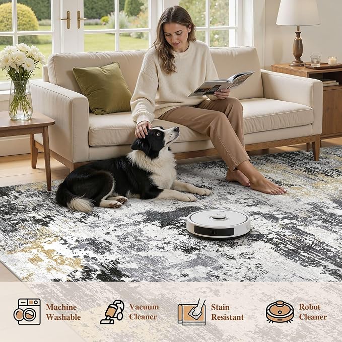 UERMEI 6x9 Area Rug for Living Room - Washable Neutral Modern Abstract Carpet, Non-Slip Soft Large Indoor Floor Rugs for Bedroom Home Office & Under Dining Table Decor, Black/White/Gold