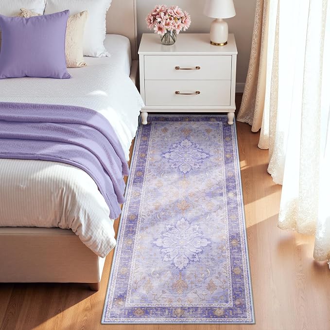 RELEANY Area Rugs Runner 2'x6' Washable Non-Slip, Floral Vintage Distress Medallion Carpet for Kitchen Hallway Bedroom Beside Laundry Room Bathroom, Light Purple Brown