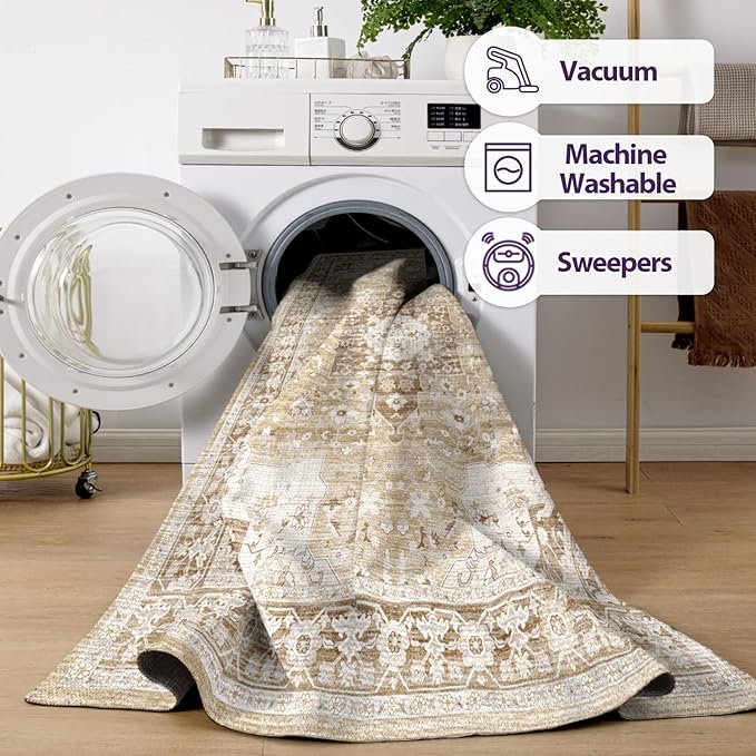 DEXI Washable Area Rug for Living Room 10x14, Vintage Farmhouse Soft Indoor Large Rugs, Stain Resistant Low Pile Carpet with Non Slip Backing for Dining Bedroom Office, Beige