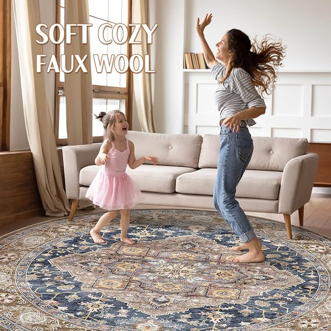 Round Rug Living Room Rugs: 7x7 Washable Boho Neutral Large Circle Soft Indoor Floral Stain Resistant Floor Farmhouse Carpet for Bedroom Nursery Kids Playroom Office Dining Room Dorm- Yellow Blue