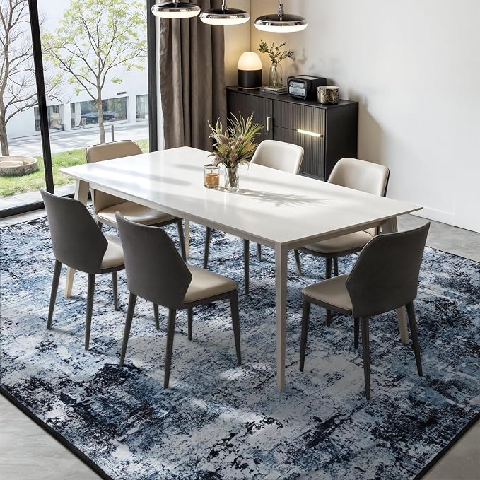 Rugflix 7x9 Area Rugs for Living Room, Washable Large Rug Stain-Resistant Low Pile, Modern Dark Carpet for Dining Room Home Office Kid Room Nursery Bedroom, Navy Blue/Black