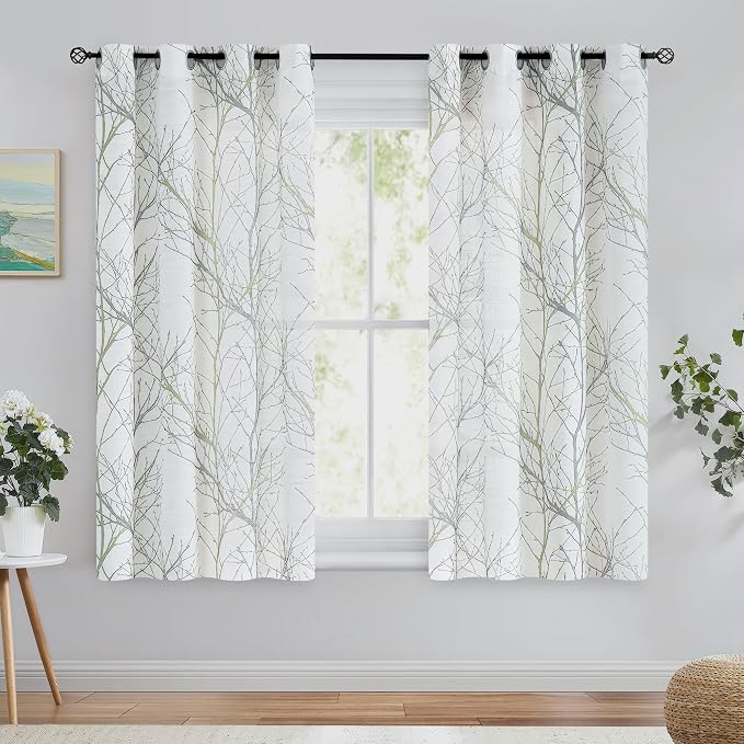 FMFUNCTEX Linen Semi Sheer Curtains for Bedroom, Sage Green White Curtains 54 Inches Long for Living Room, Grey Tree Branch Print Curtain Light Filtering Kitchen Window Drapes, Grommet Top 2 Panels