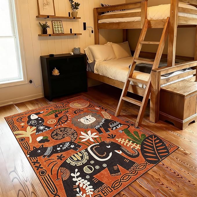 jinchan 5x7 Cute Area Rug Kids Washable Fun Rug Terracotta Boho Jungle Indoor Floor Cover Non Slip Safari Lightweight Soft Cozy Carpet for Nursery Playroom Daycare Bedroom Living Room
