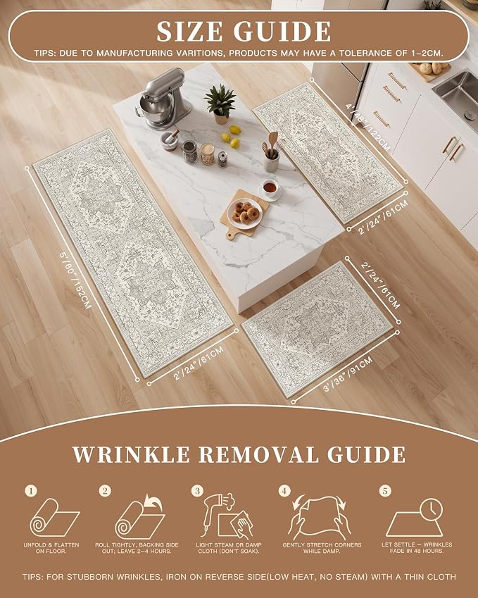 Madane 2-Piece Area Rugs Set, Small Kitchen Runner Non-Slip, Beige/Brown | Rug Runners Vintage Door Mat Indoor Entrance, Low Pile Floor Carpet for Inside Front Bedroom Entryway Entry Laundry 2x3+2x4