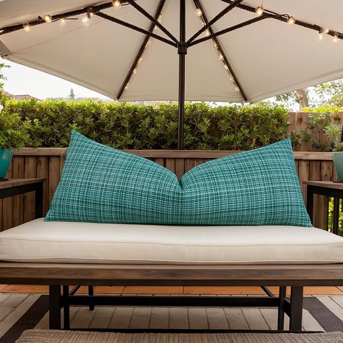Kevin Textile Outdoor Waterproof Throw Pillow Covers 14x36 Inch Pack of 1 Woven Faux Linen Decorative Water Resistant Long Body Lumbar Cushion Covers for Tent Patio Garden Couch Sofa Teal