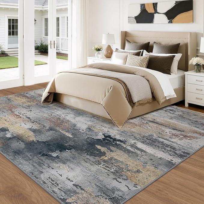 RELEANY Washable Area Rugs 8'x10' Non-Slip Modern Abstract Soft for Living Room Entryway Bedroom Kitchen, Print Pattern, Charcoal Brown