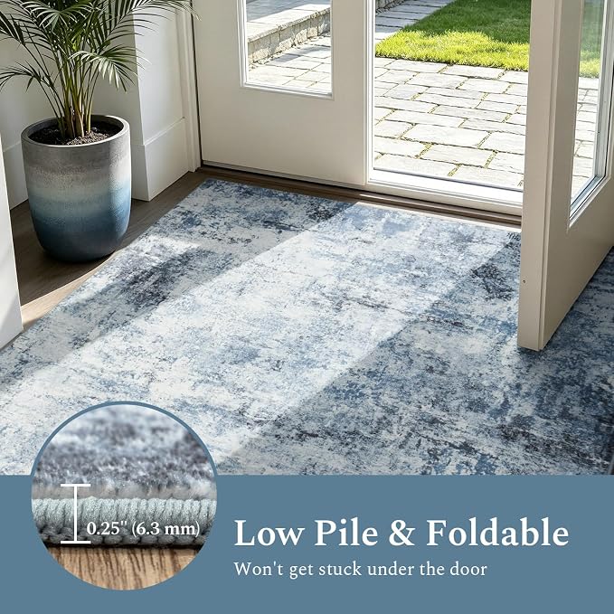 Rugflix 8x10 Area Rugs for Living Room, Washable Large Rug Stain-Resistant Low Pile, Modern Dark Carpet for Dining Room Home Office Kid Room Nursery Bedroom, Blue Grey/Black